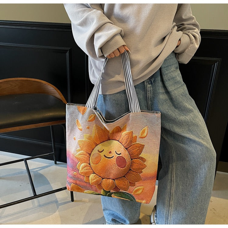 Korean Style Large-Capacity Embroidered Canvas Shoulder Bag for Women