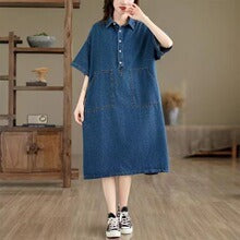 New Korean Retro Denim Loose Plus Size Relaxed Chic and Youthful Lapel Slit Workwear Dress