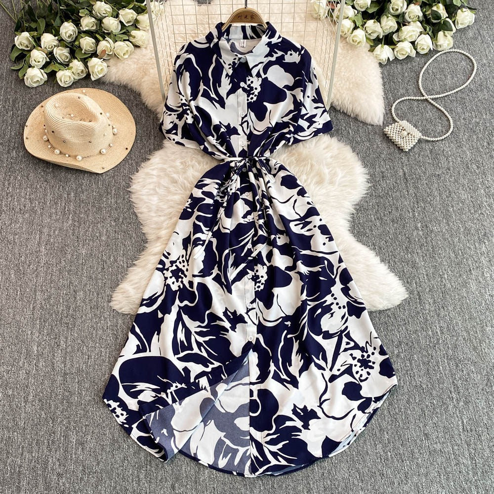 French-style printed collared shirt dress for women, summer vacation style
