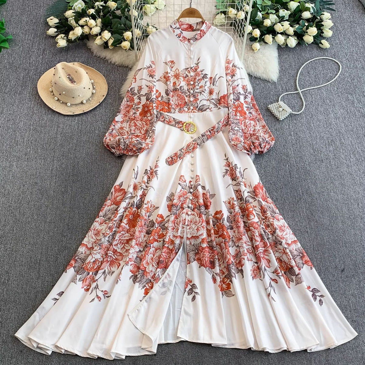European and American court style retro print stand collar lantern sleeve dress women's spring and autumn button-down waist fitted long skirt elegant long dress