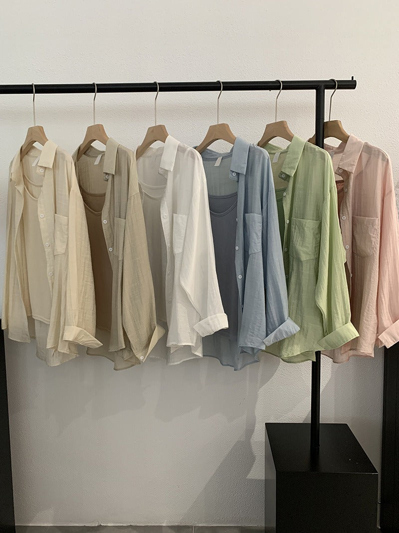 Summer thin lapel long sleeve solid color loose shirt