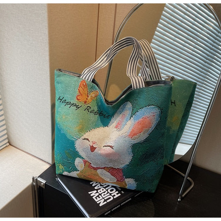 Korean Style Large-Capacity Embroidered Canvas Shoulder Bag for Women