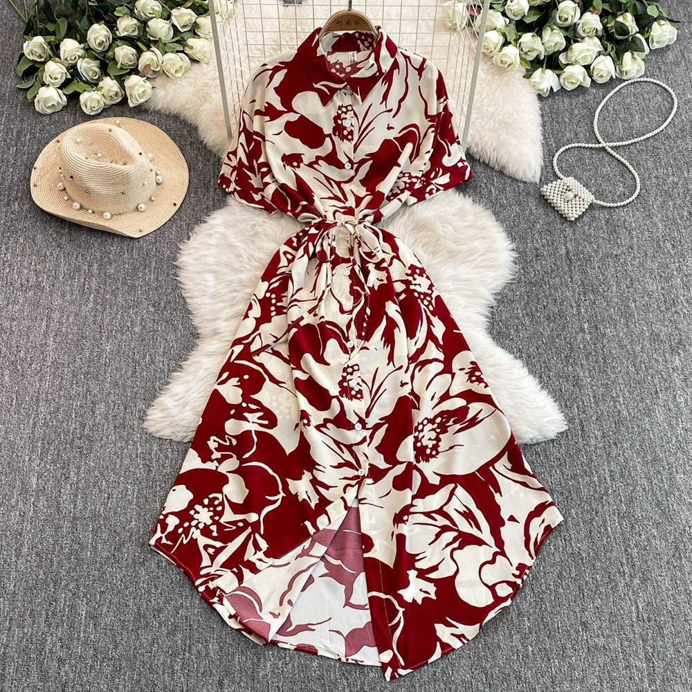 French-style printed collared shirt dress for women, summer vacation style