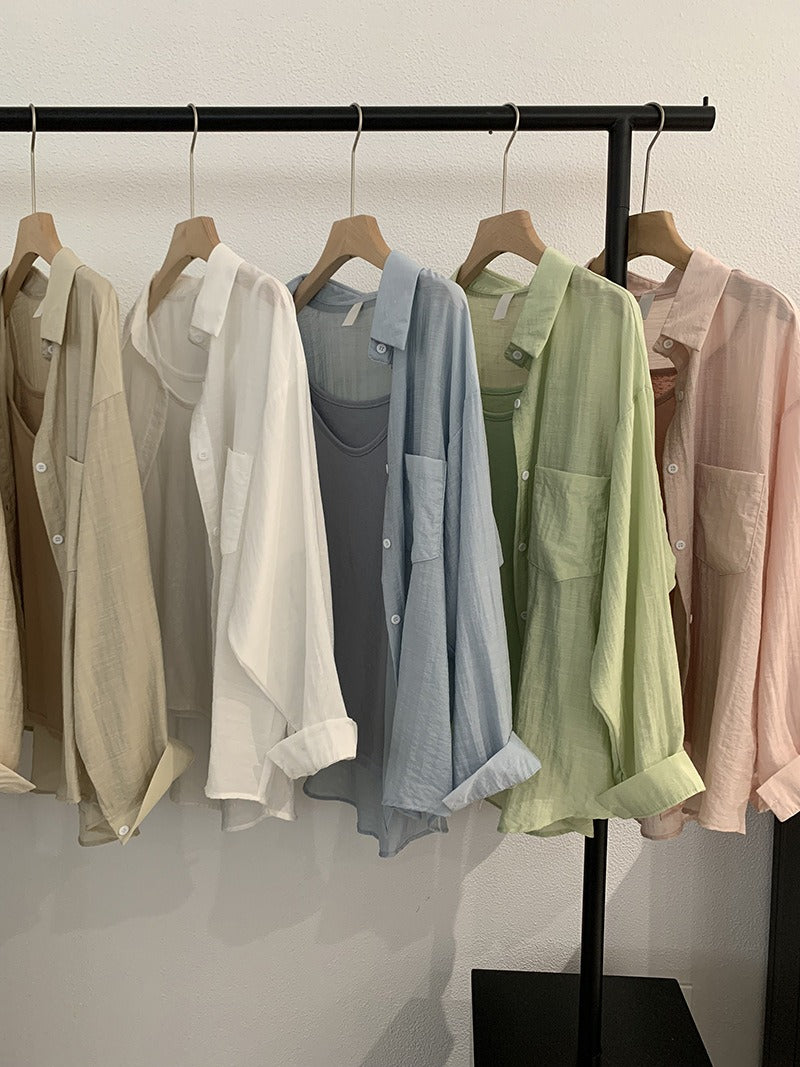 Summer thin lapel long sleeve solid color loose shirt