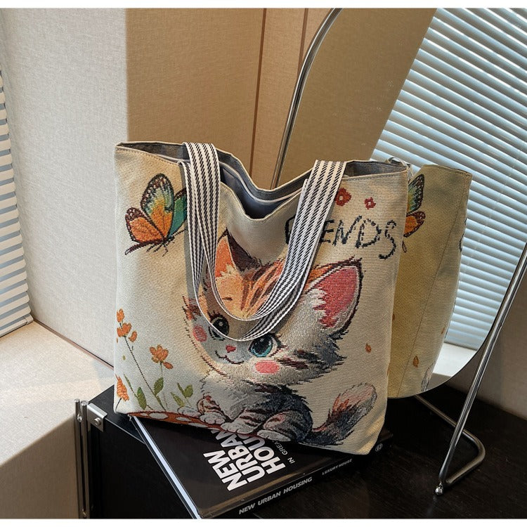 Korean Style Large-Capacity Embroidered Canvas Shoulder Bag for Women