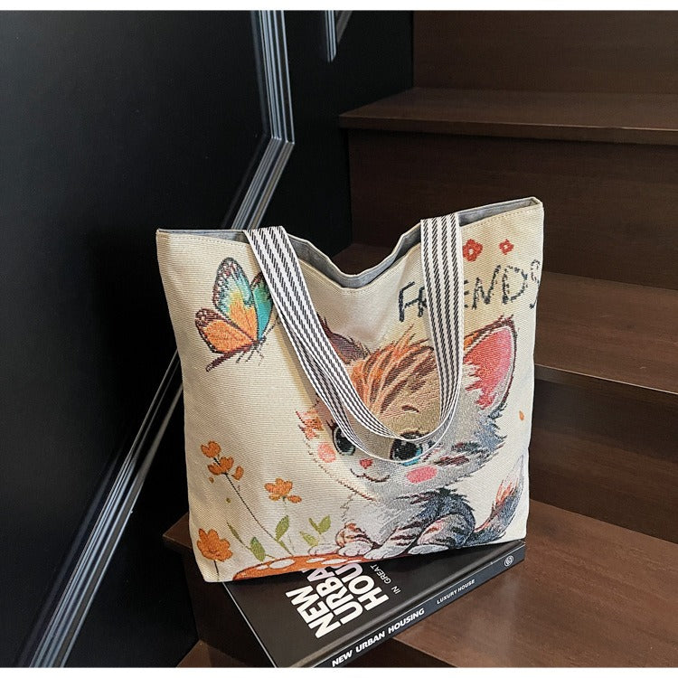 Korean Style Large-Capacity Embroidered Canvas Shoulder Bag for Women