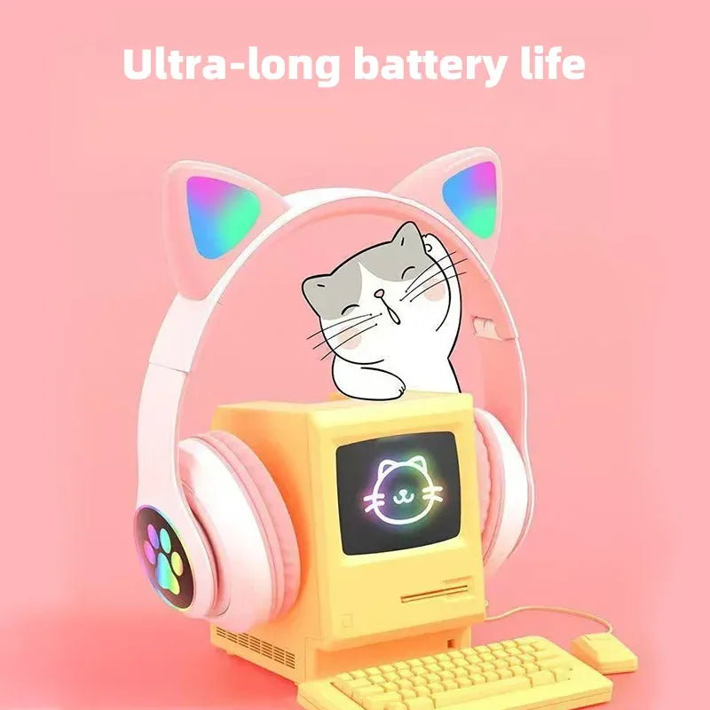 Wireless Headphone Flash Light Cute Cat Bluetooth with Mic Control LED Stereo Music Helmet Phone Bluetooth Headset Gift