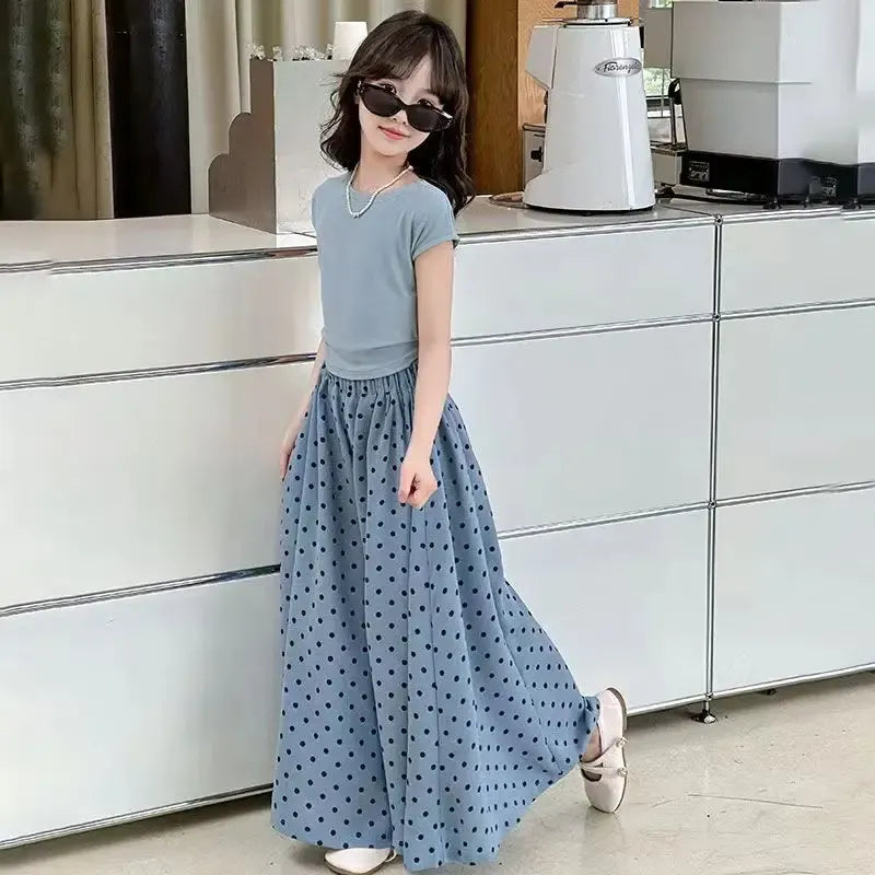 Girls set, summer children's fashion clothing, little girl wide leg pants, Korean version two-piece set, 4-12 years old