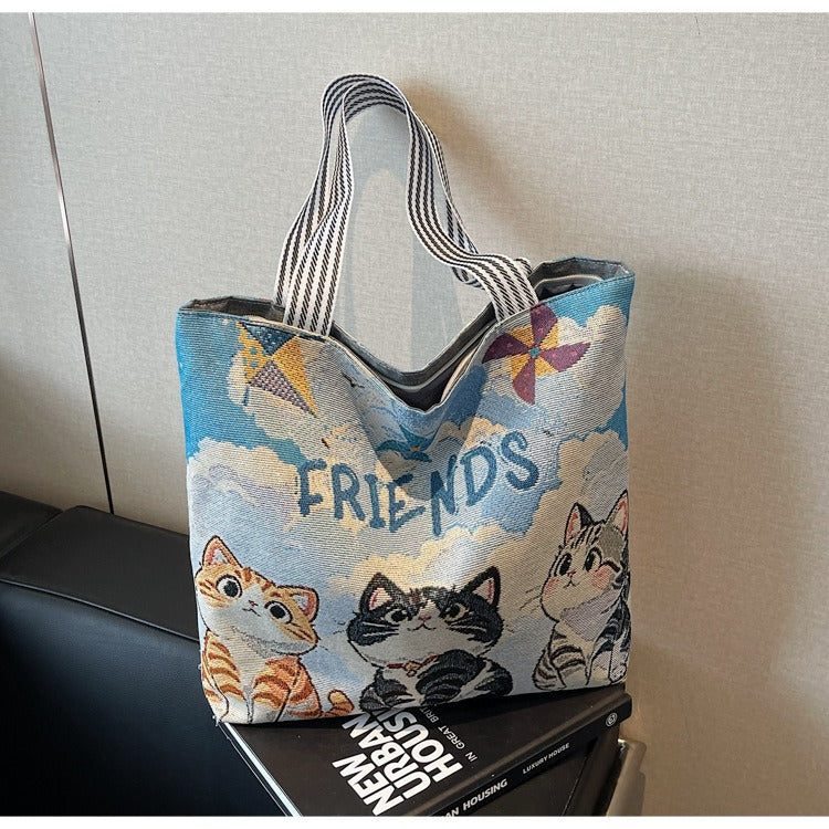 Korean Style Large-Capacity Embroidered Canvas Shoulder Bag for Women