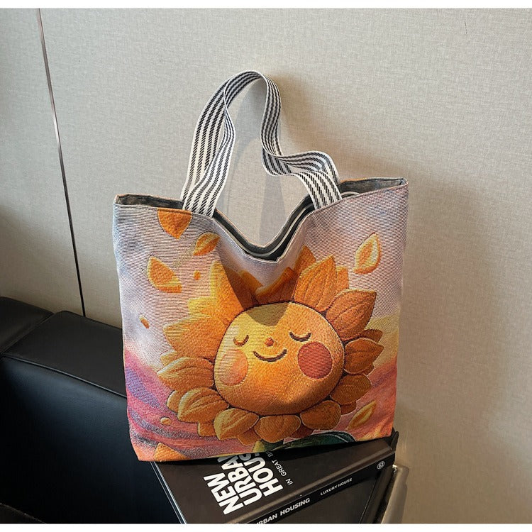 Korean Style Large-Capacity Embroidered Canvas Shoulder Bag for Women