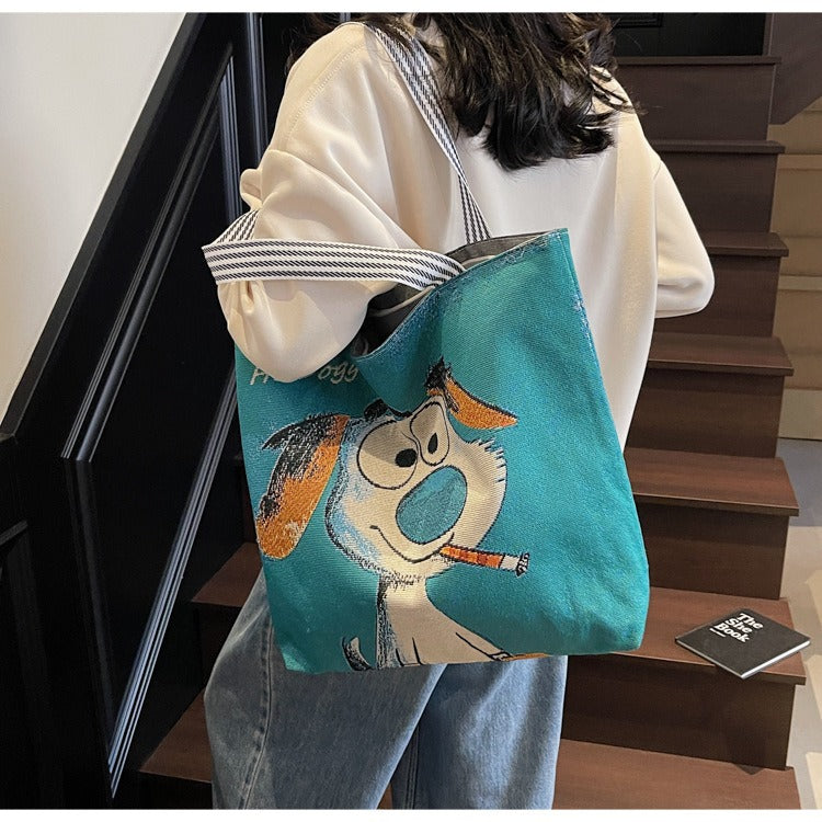 Korean Style Large-Capacity Embroidered Canvas Shoulder Bag for Women
