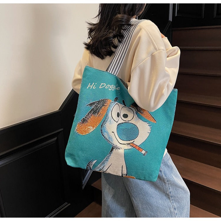 Korean Style Large-Capacity Embroidered Canvas Shoulder Bag for Women