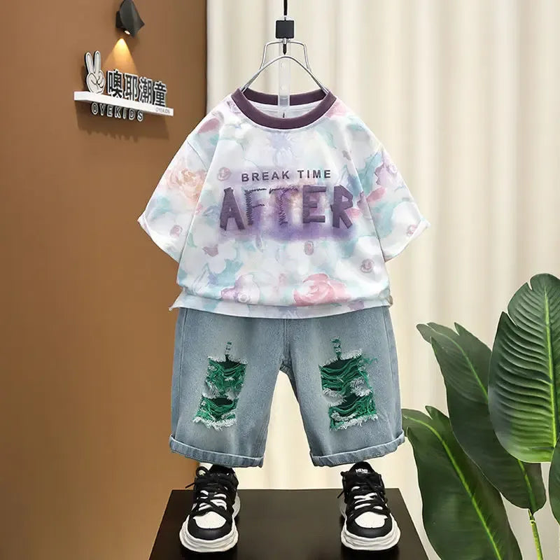 Korean Boys Summer Children's Top and Bottom 2PC Sets Short Sleeve T-Shirt & Denim Shorts Kids Clothes 1-7 Years Black Toddler