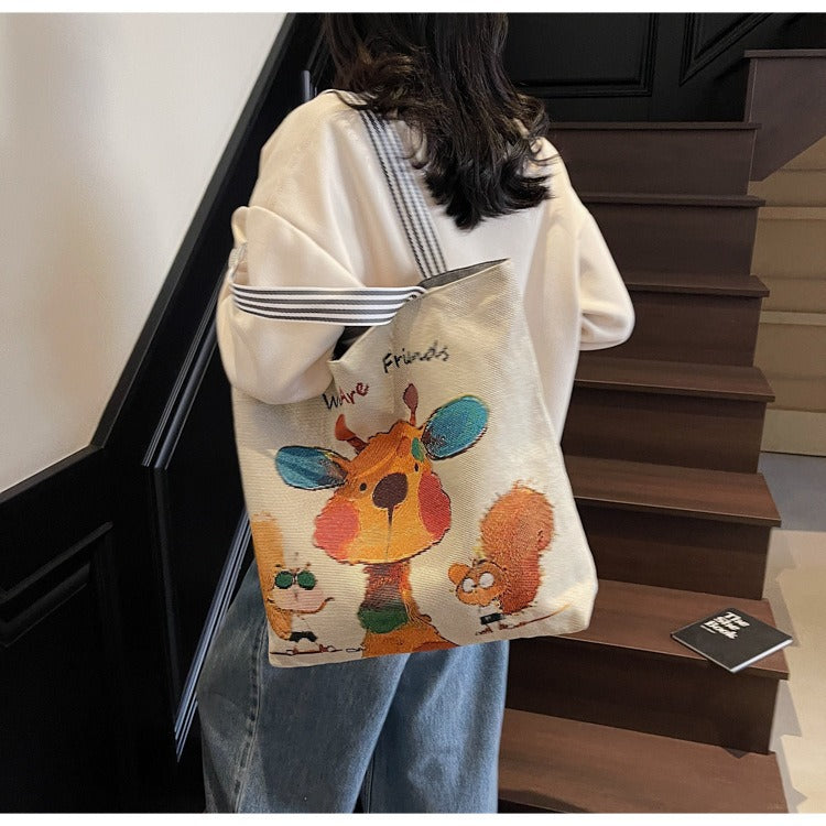 Korean Style Large-Capacity Embroidered Canvas Shoulder Bag for Women