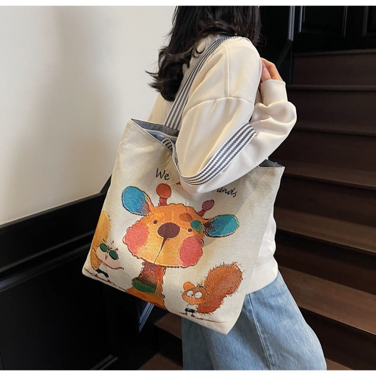 Korean Style Large-Capacity Embroidered Canvas Shoulder Bag for Women