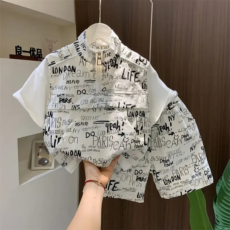 Korean Boys Summer Children's Top and Bottom 2PC Sets Short Sleeve T-Shirt & Denim Shorts Kids Clothes 1-7 Years Black Toddler