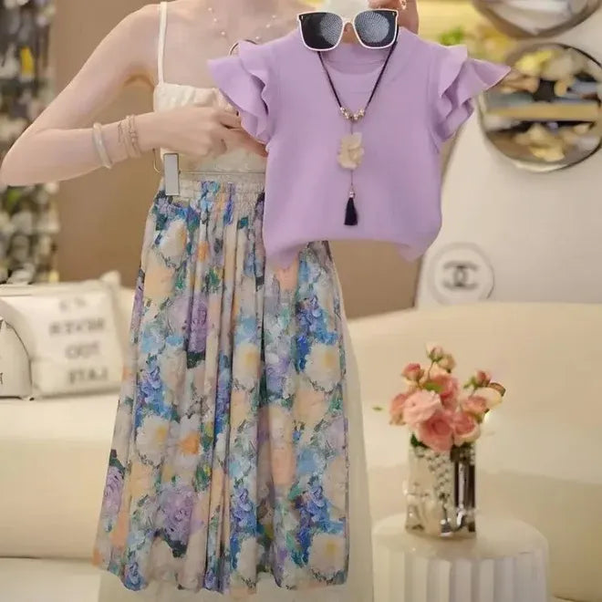 Baby Girl Summer and Spring Two Piece Set of Green Floral Pants with Flying Sleeves and Top Fashion Kids Outwear Suit