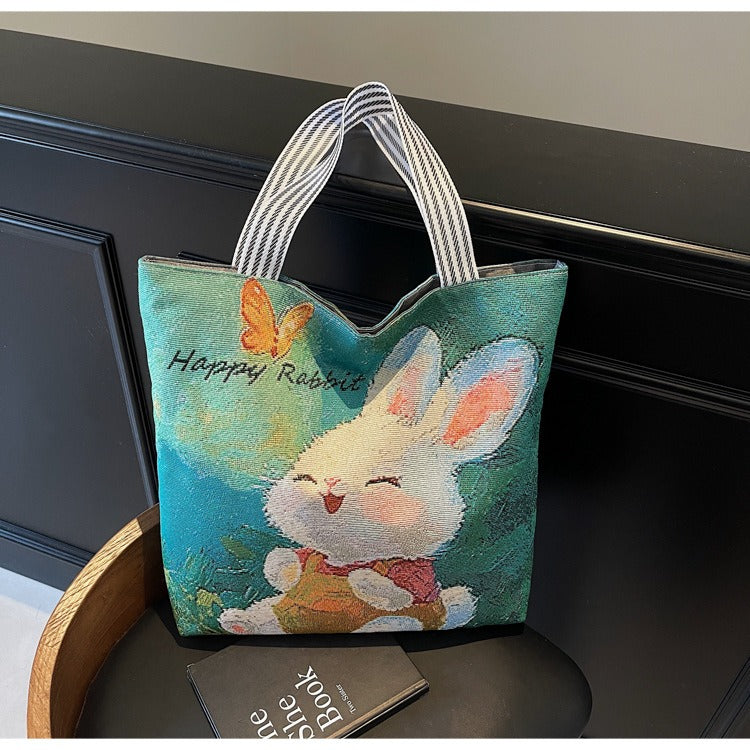Korean Style Large-Capacity Embroidered Canvas Shoulder Bag for Women