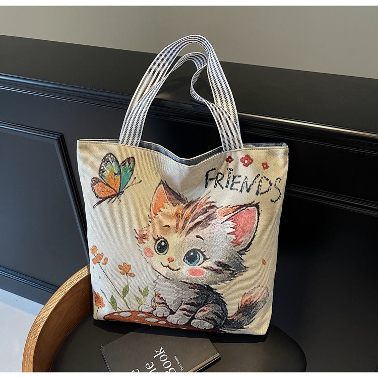 Korean Style Large-Capacity Embroidered Canvas Shoulder Bag for Women