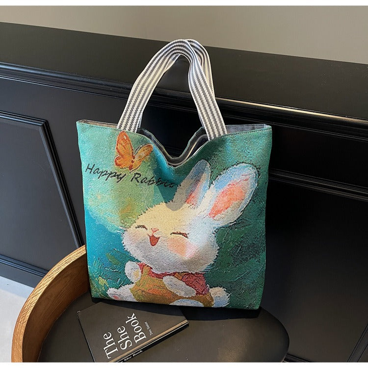 Korean Style Large-Capacity Embroidered Canvas Shoulder Bag for Women