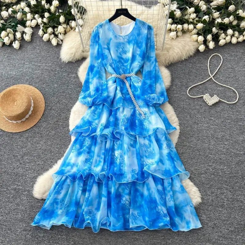 French romantic style purple floral spring print dress for women