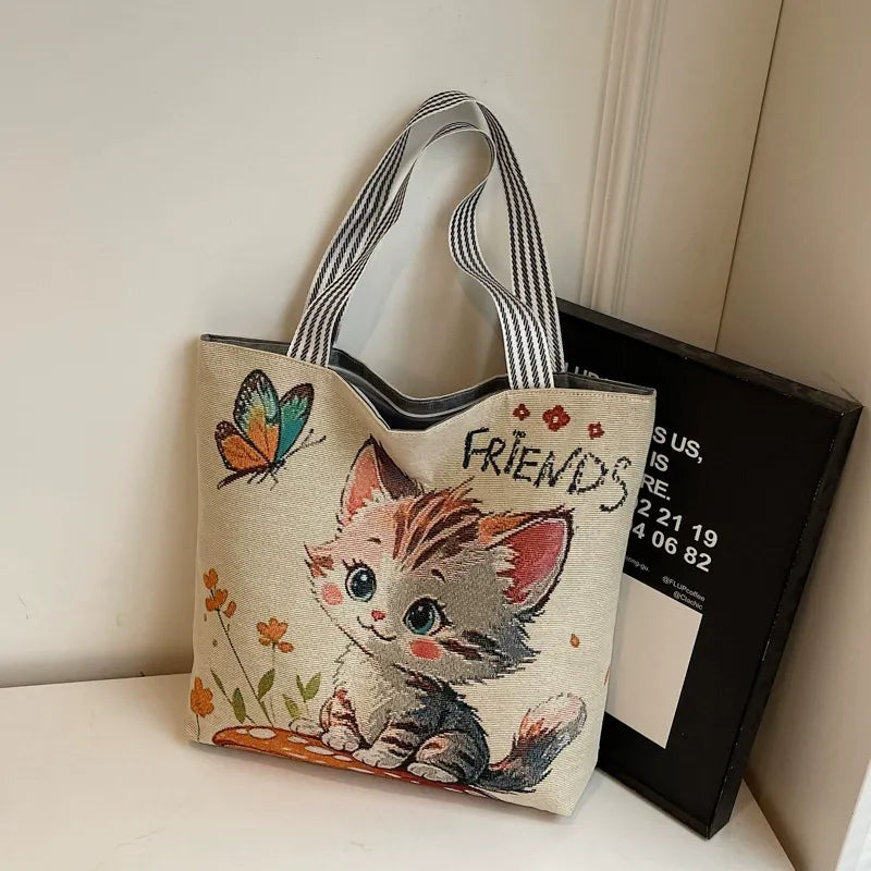 Korean Style Large-Capacity Embroidered Canvas Shoulder Bag for Women