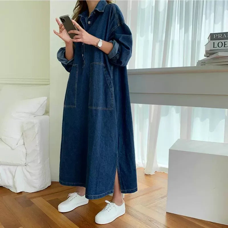 New Korean Retro Denim Loose Plus Size Relaxed Chic and Youthful Lapel Slit Workwear Dress