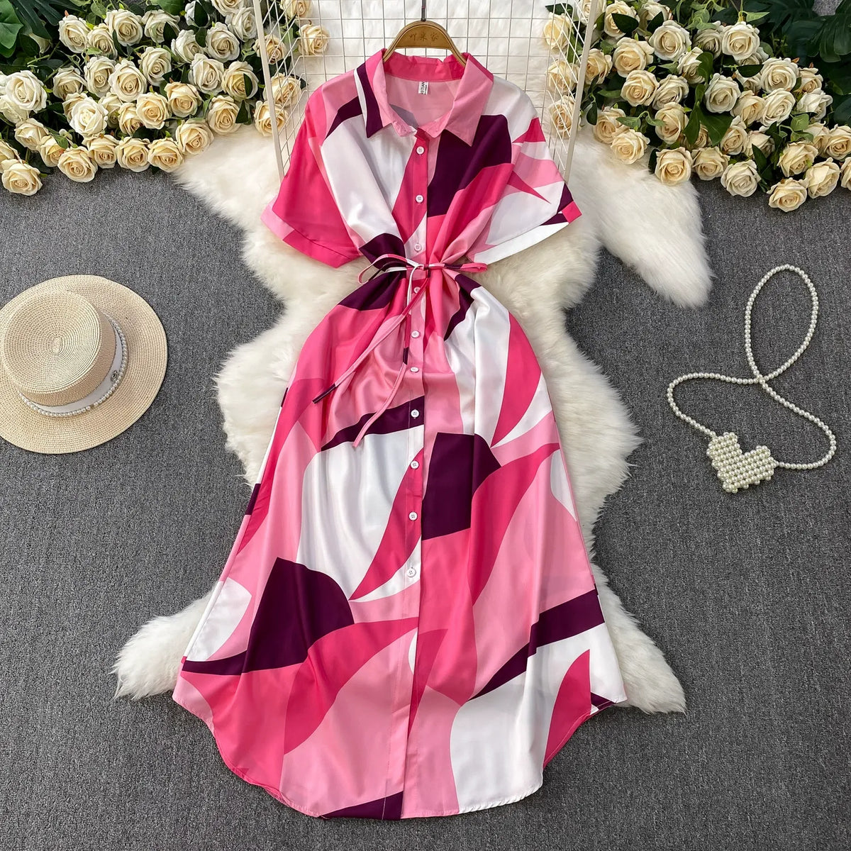 French-style printed collared shirt dress for women, summer vacation style