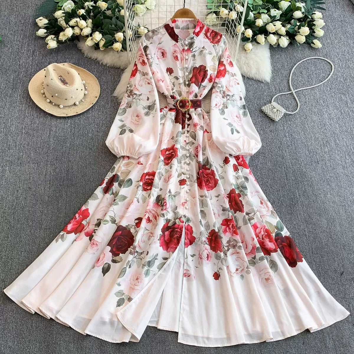 European and American court style retro print stand collar lantern sleeve dress women's spring and autumn button-down waist fitted long skirt elegant long dress