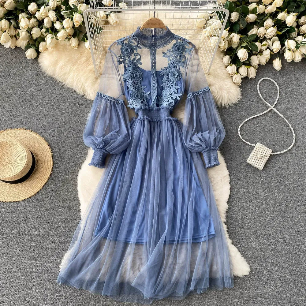 Lace floral mesh dress, elegant stand collar, lantern sleeves