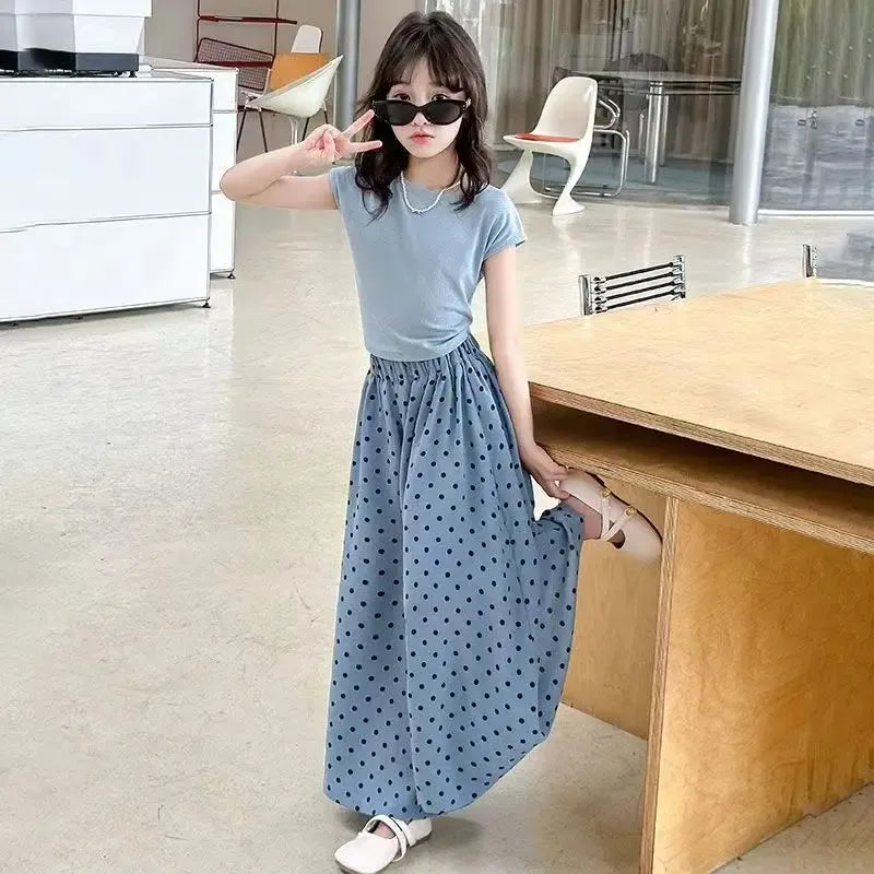 Girls set, summer children's fashion clothing, little girl wide leg pants, Korean version two-piece set, 4-12 years old