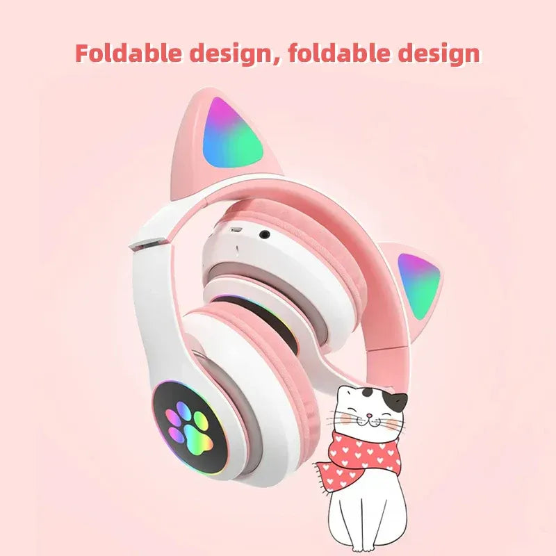Wireless Headphone Flash Light Cute Cat Bluetooth with Mic Control LED Stereo Music Helmet Phone Bluetooth Headset Gift