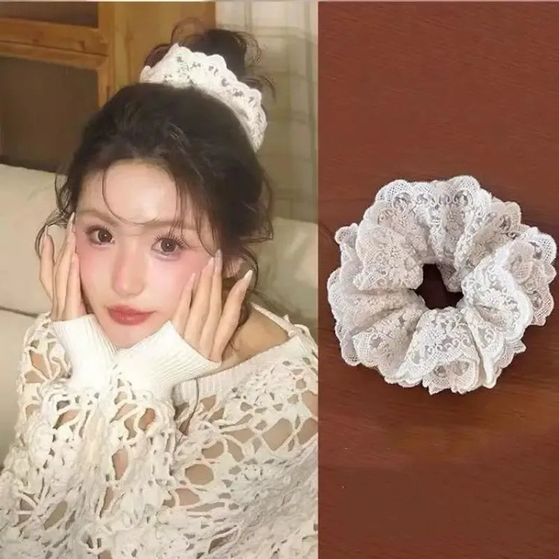 Lace Scrunchies for Women Elastic Hair Bands Ponytail Holders Tie Solid Color Hair Hoop Scrunchy Rubber Bands Women Hair Ring