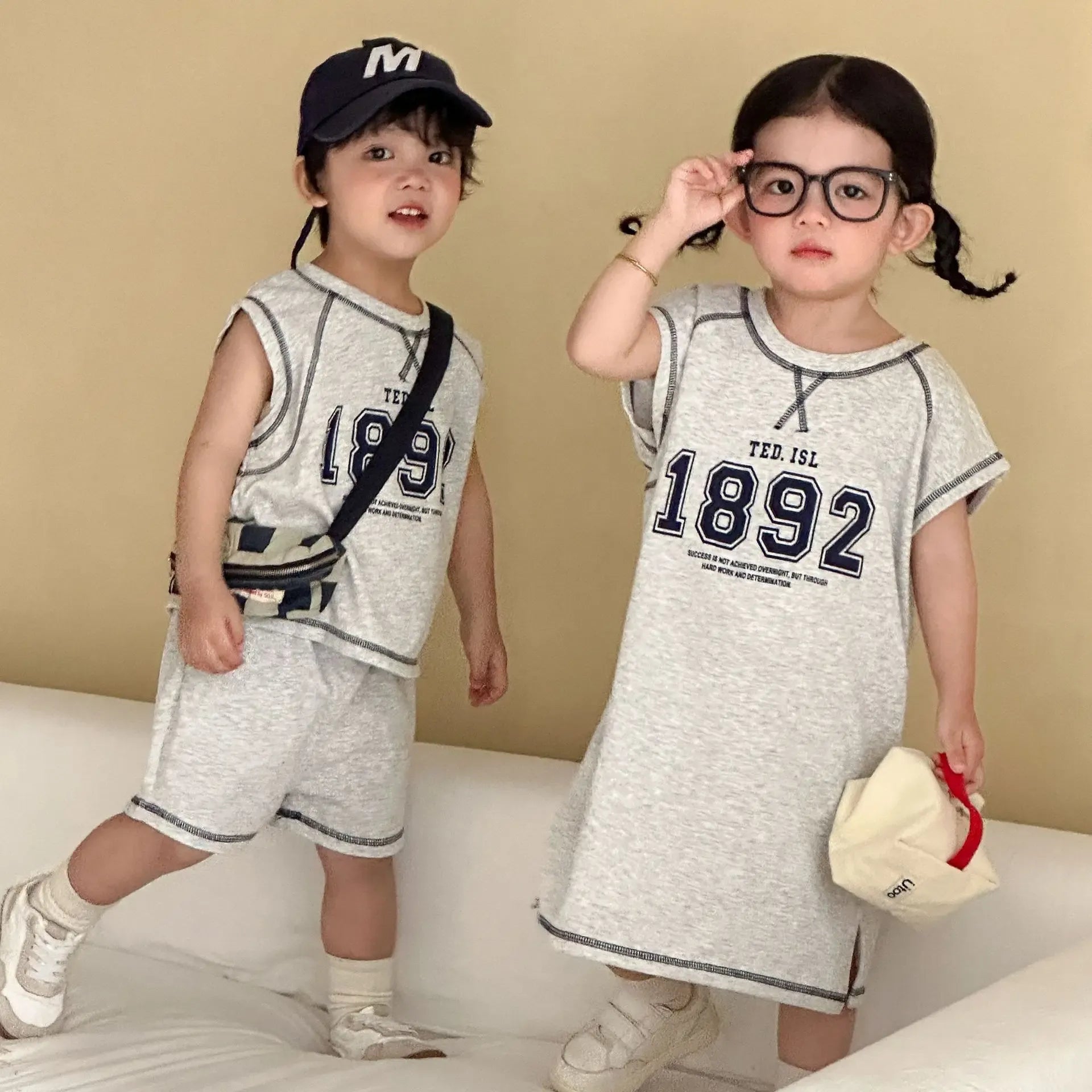 Summer New Children Short Sleeve Clothes Set Boys Letter Print T Shirts 2pcs Suit Girls Vest Dress Kids Brother Sisters Set
