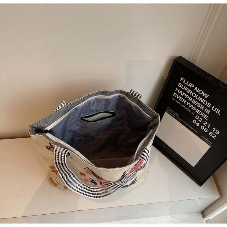 Korean Style Large-Capacity Embroidered Canvas Shoulder Bag for Women