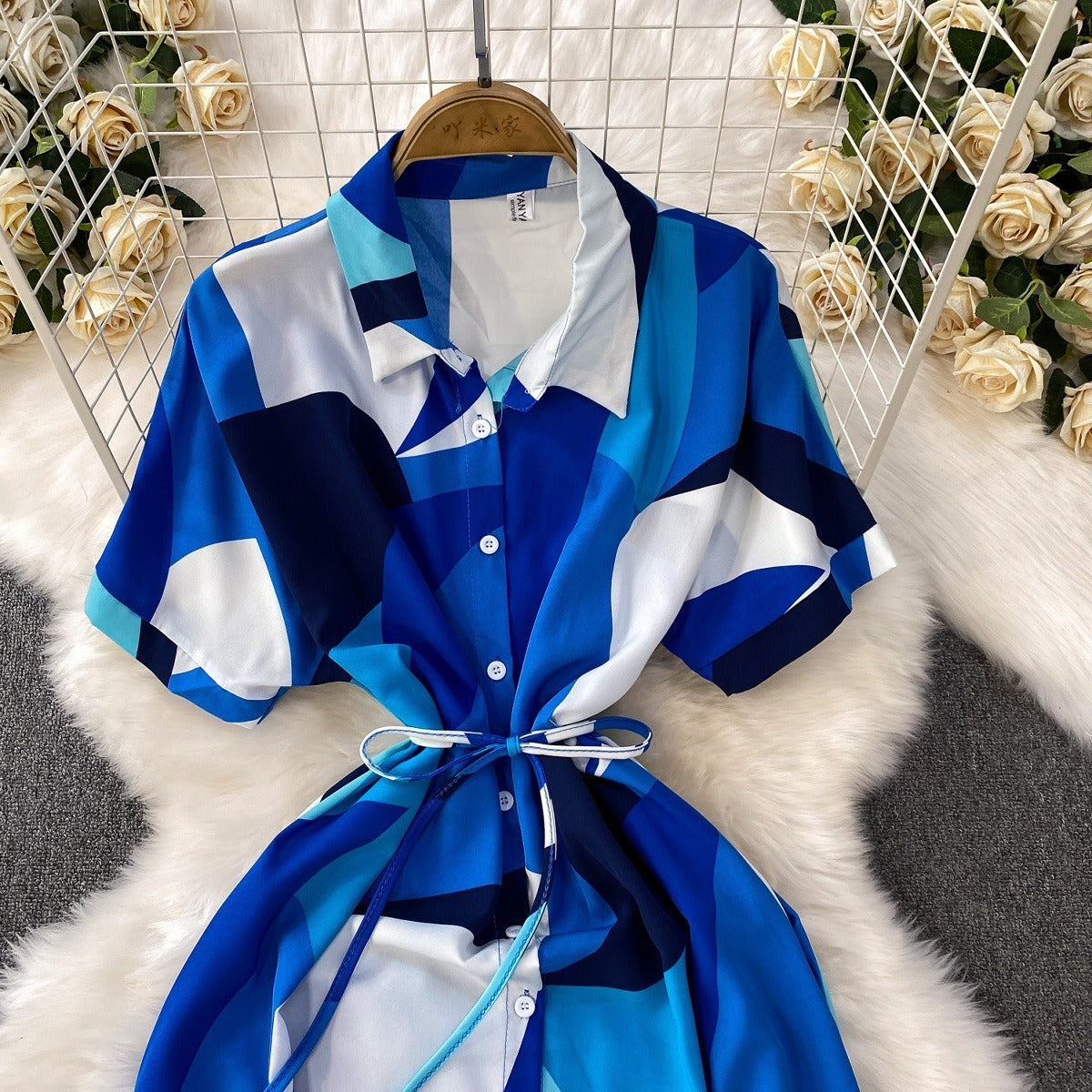 French-style printed collared shirt dress for women, summer vacation style