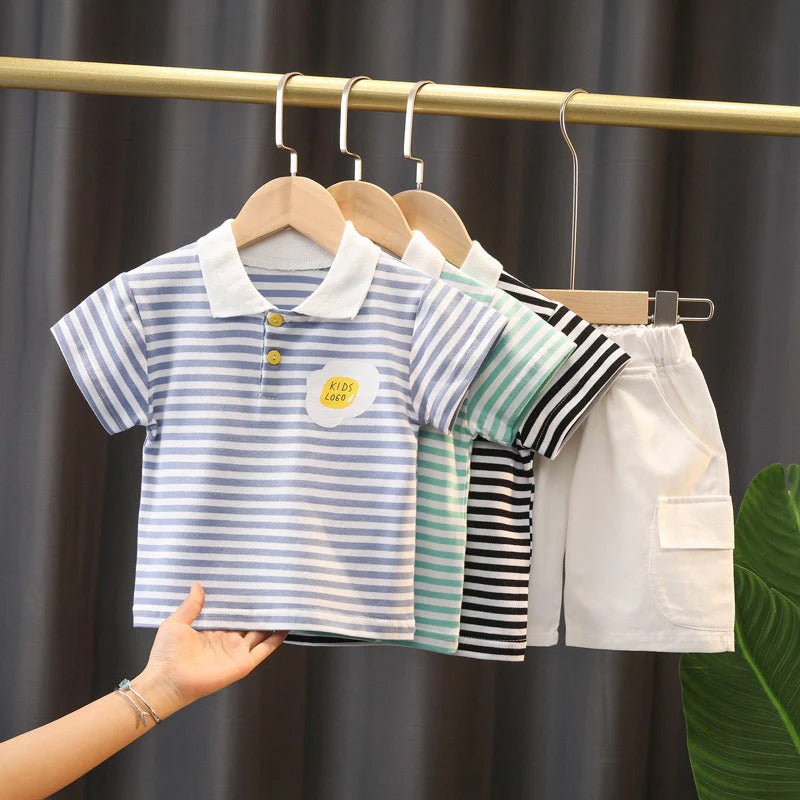 Boys' Summer Cute Stripes Solid Color Short-sleeved Shorts Two-piece Set