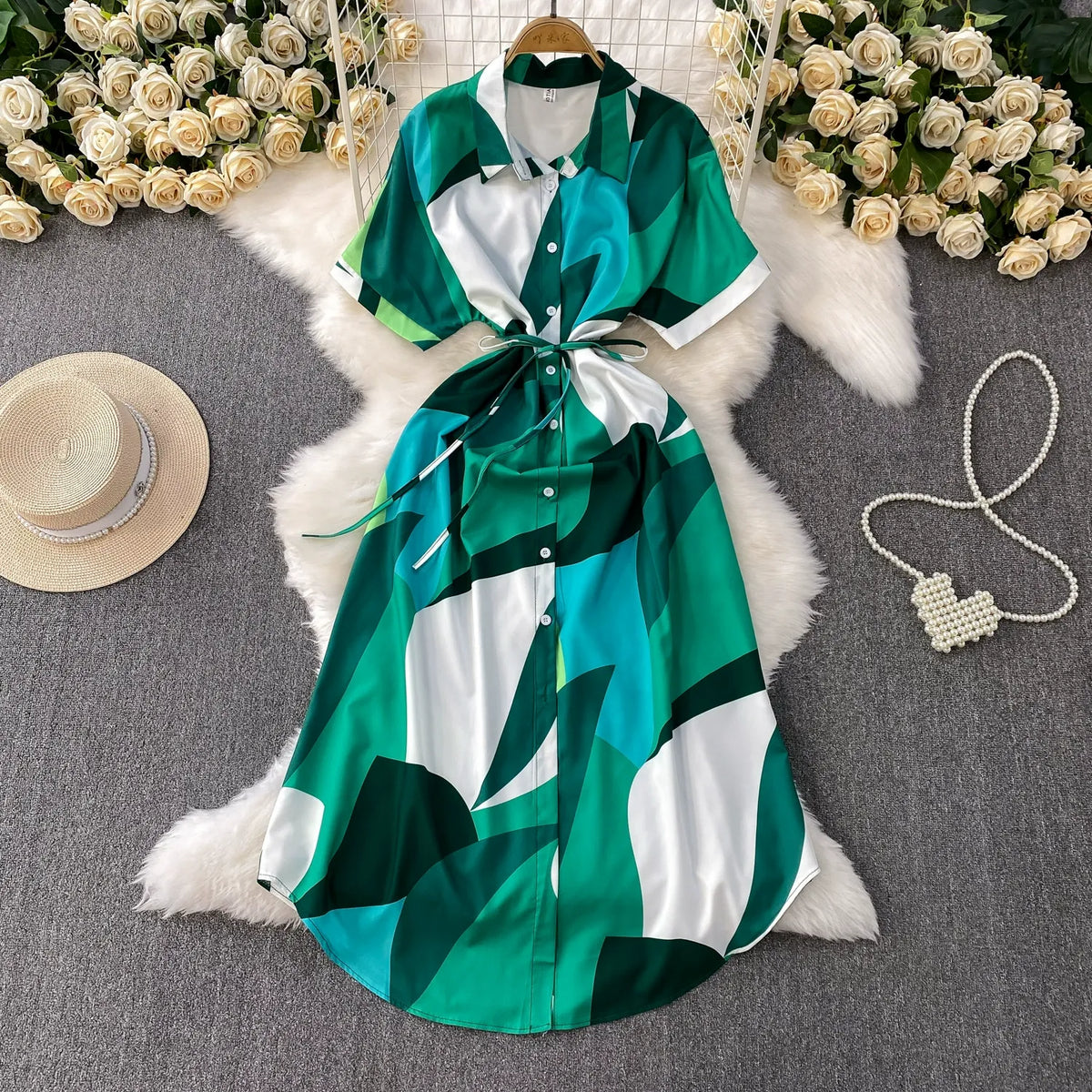 French-style printed collared shirt dress for women, summer vacation style