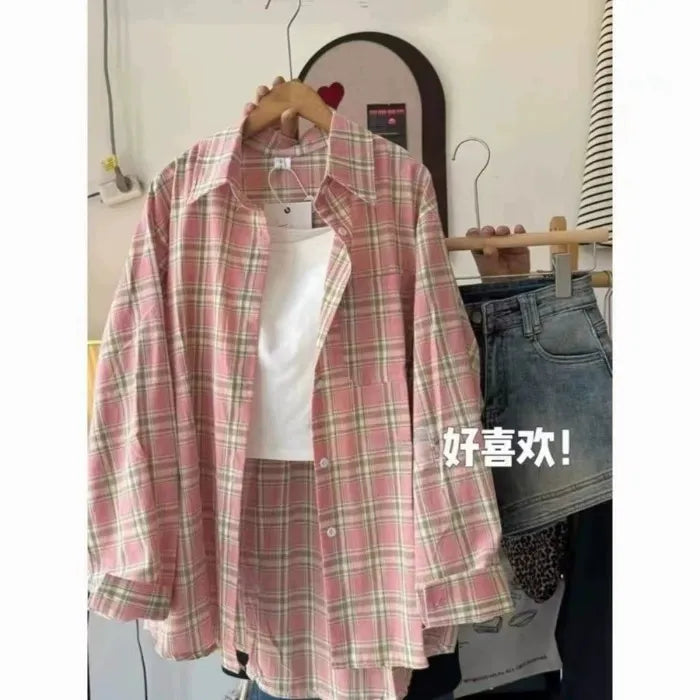 American Plaid Loose Shirt Lazy Casual Loose Long Shirt Long Sleeve Coat Tops