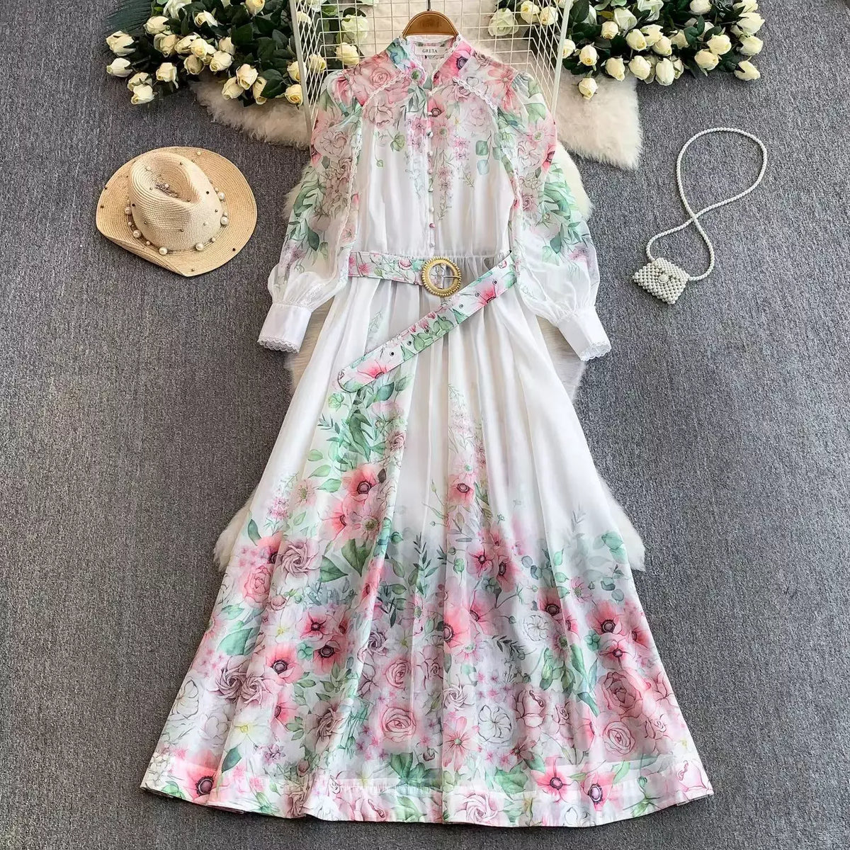 French-style resort sweet lace-trimmed stand-up collar long-sleeved dress