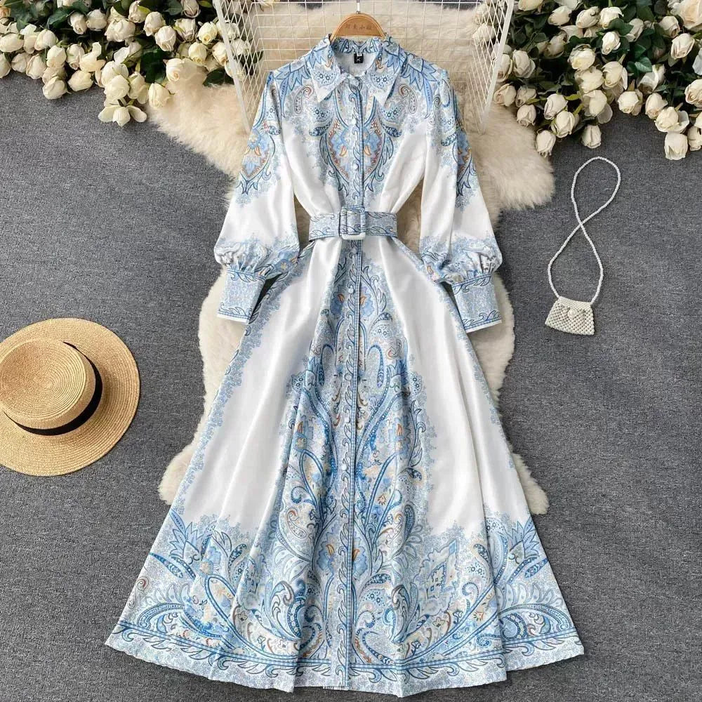 New European and American Style Fashion Retro Print Elegant High-End French-Style Waist-Defining Dress