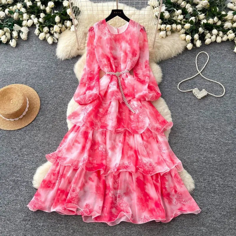 French romantic style purple floral spring print dress for women