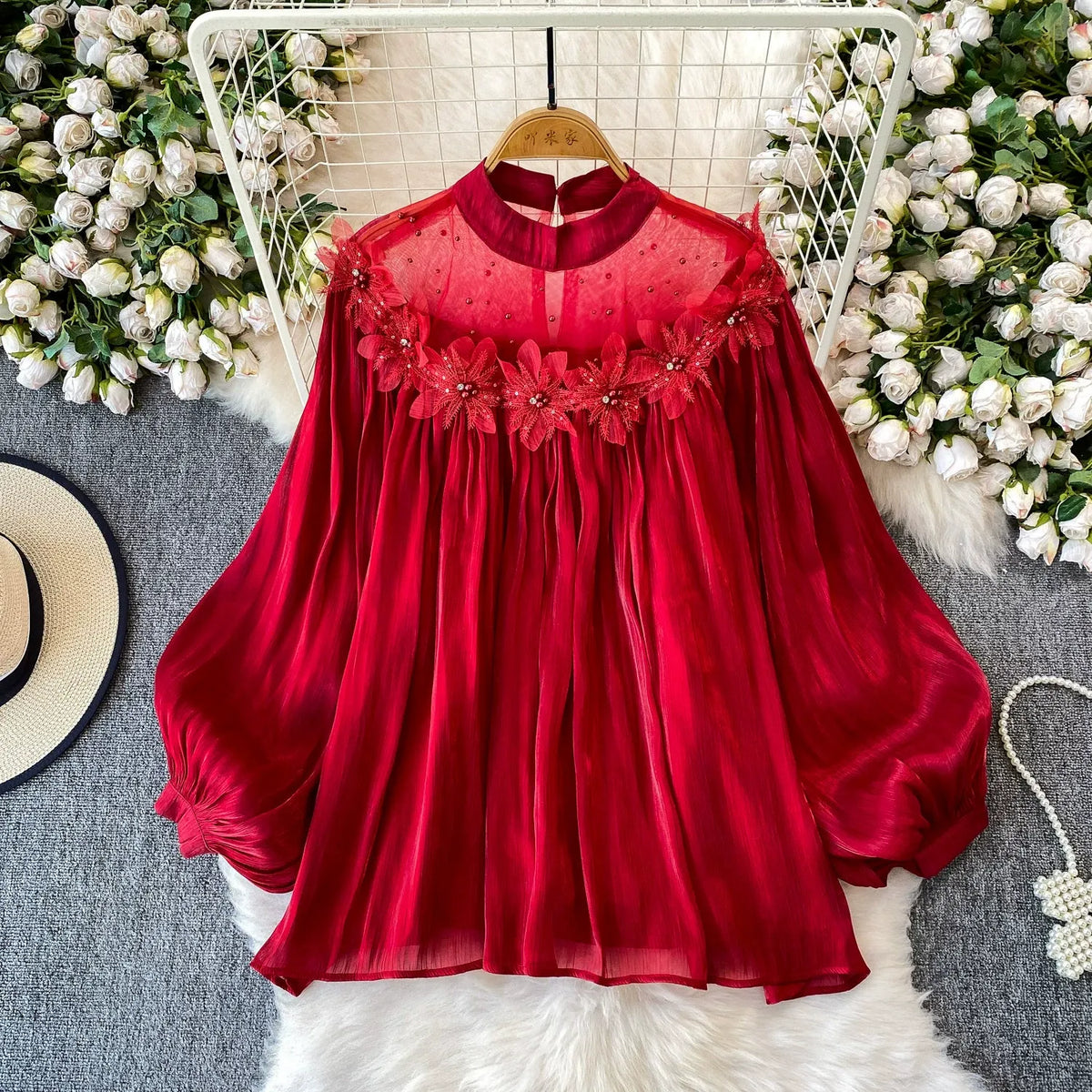 Super cute, sweet, ethereal, three-dimensional floral round neck lantern sleeve blouse for women, high-end and elegant pearlescent mesh shirt