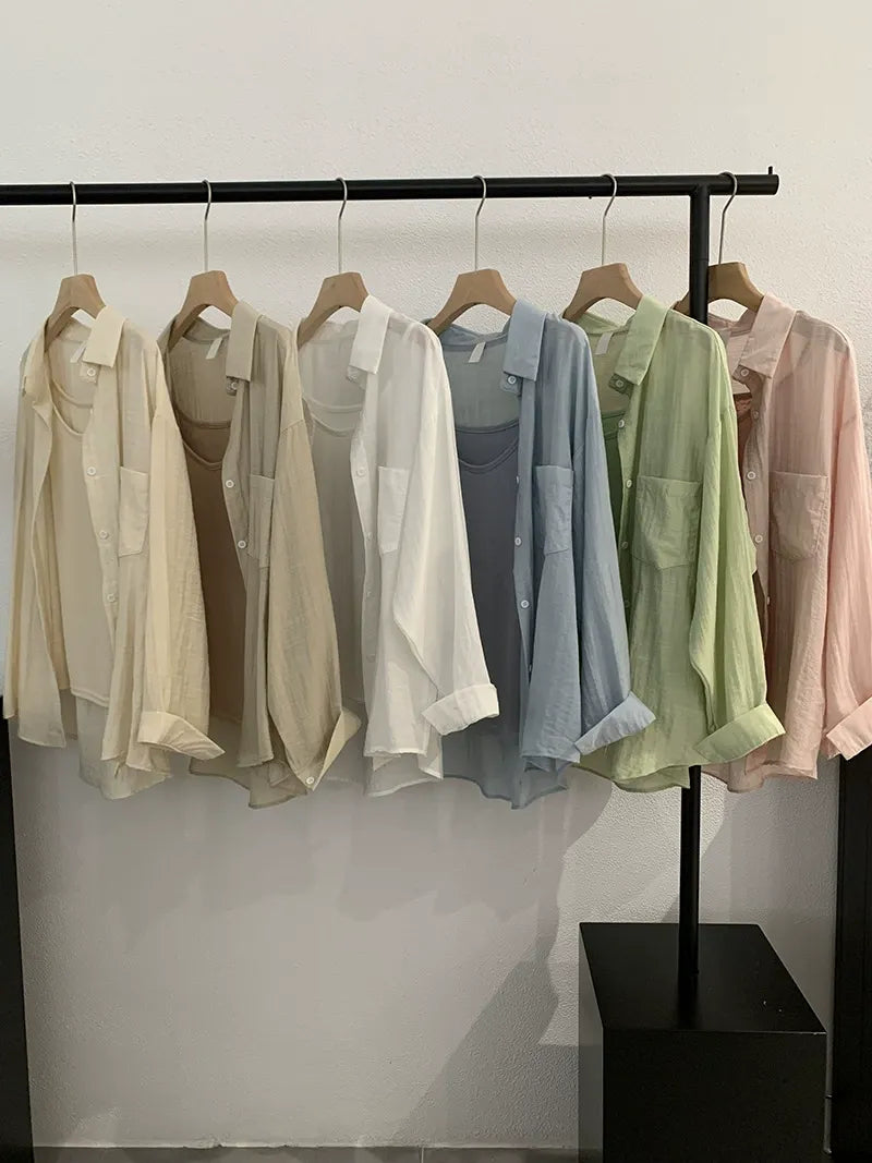 Summer thin lapel long sleeve solid color loose shirt