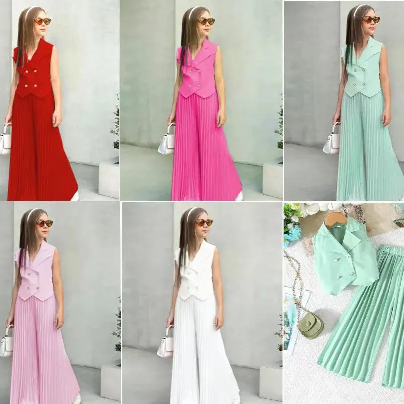 Little Girls 2-Pieces Western-Style Outfit for Girls: Sleeveless Blazer Top+Wide-Leg Pleated Pants