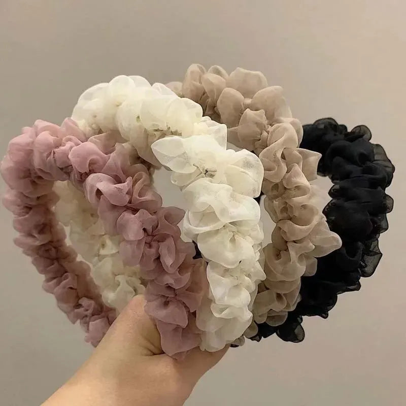 New Trendy Solid Color Mesh Pleated Headbands for Women Korean Elegant Ruffle Hairband Hair Band Headwear Hair Accessories