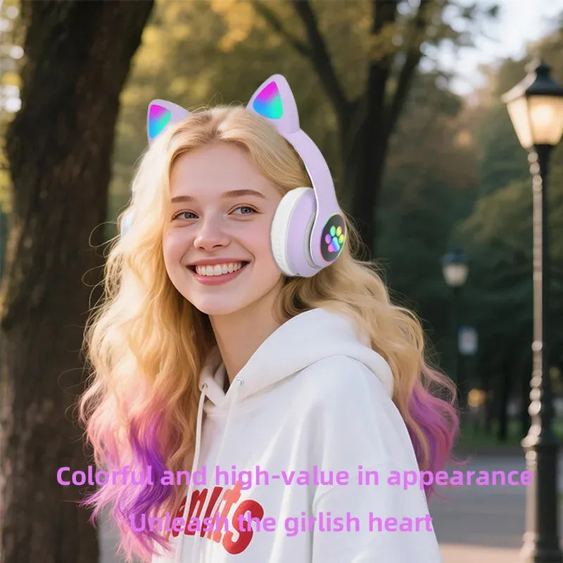 Wireless Headphone Flash Light Cute Cat Bluetooth with Mic Control LED Stereo Music Helmet Phone Bluetooth Headset Gift