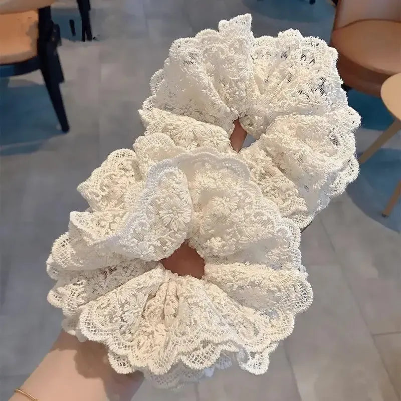 Lace Scrunchies for Women Elastic Hair Bands Ponytail Holders Tie Solid Color Hair Hoop Scrunchy Rubber Bands Women Hair Ring