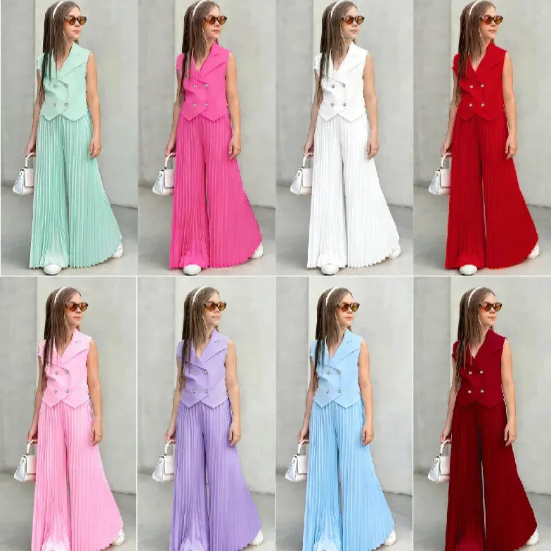 Little Girls 2-Pieces Western-Style Outfit for Girls: Sleeveless Blazer Top+Wide-Leg Pleated Pants