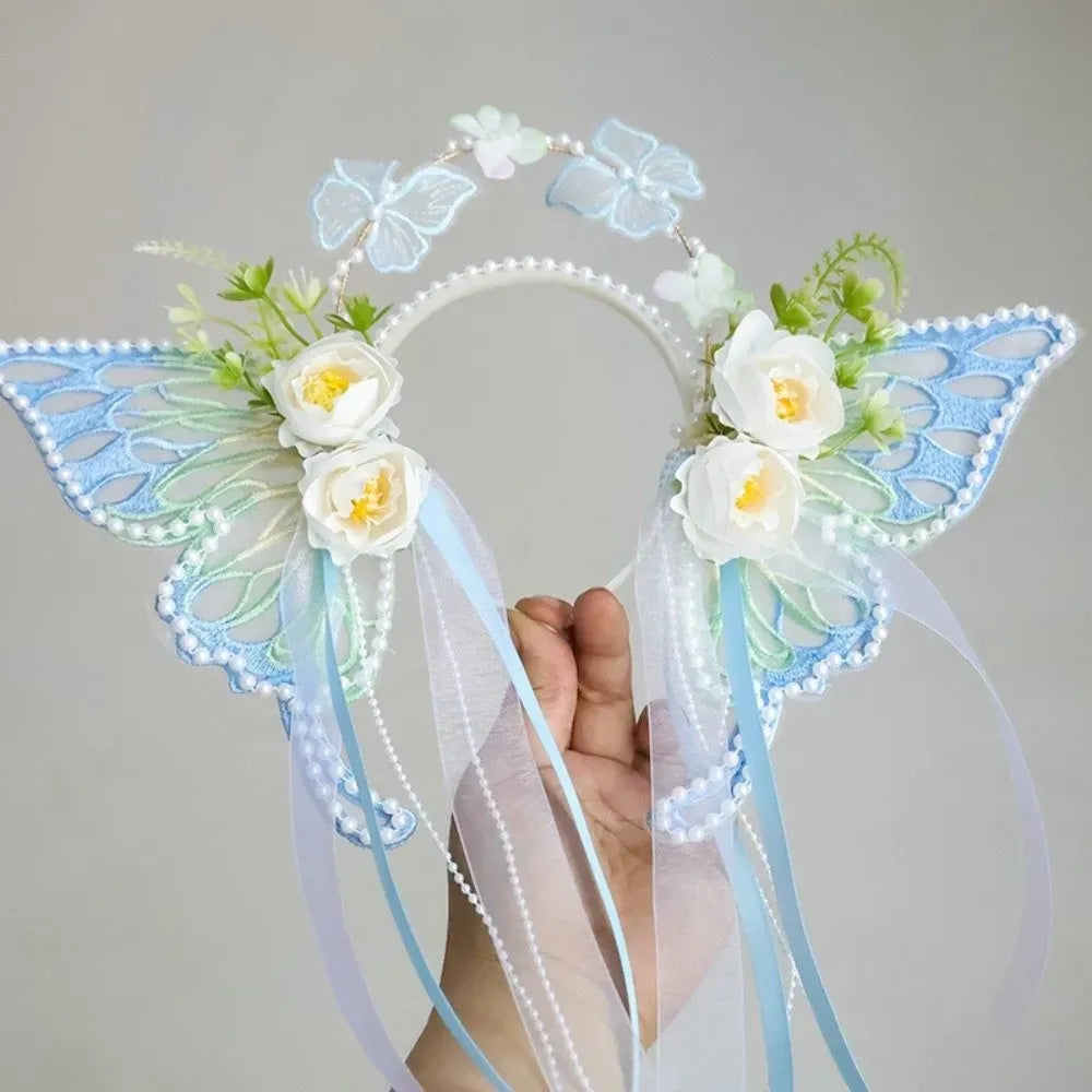 Fresh Sweet Butterfly Flowers Hairband Pearl Beads Silk Ribbon Floral Headwear Fairy Hair Jewelry Decorative Headwear Women Wear